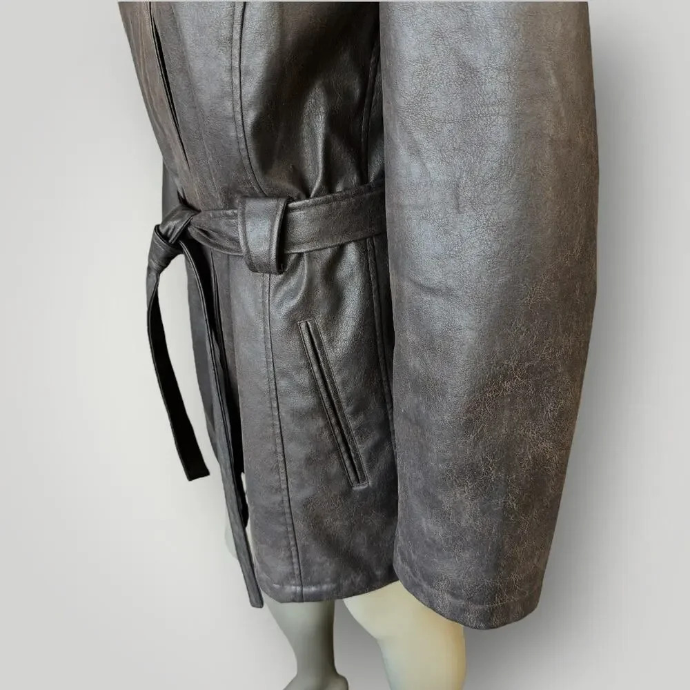 Giacca Vintage Faux Leather Belted Peacoat Jacket Faux Fur Collar Size XL Brown - Picture 9 of 16